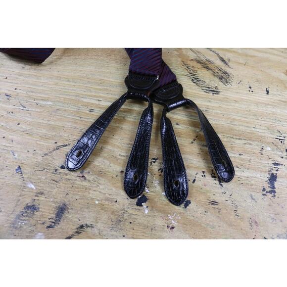 Trafalgar Silk Blue Red Striped Suspenders 1.375" Wide Black Leather Attachments - Picture 4 of 9